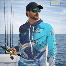 Load image into Gallery viewer, Marlin Fishing Blue Camo Custom Name Long Sleeve, Long Sleeve Hooded Fishing Shirt NHT453