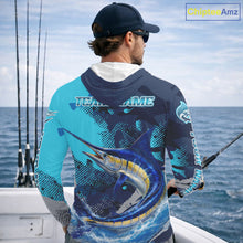 Load image into Gallery viewer, Marlin Fishing Blue Camo Custom Name Long Sleeve, Long Sleeve Hooded Fishing Shirt NHT453