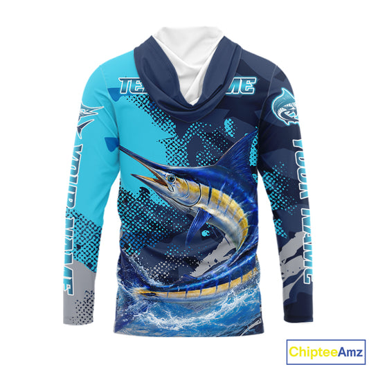 Marlin Fishing Blue Camo Custom Name Long Sleeve, Long Sleeve Hooded Fishing Shirt NHT453