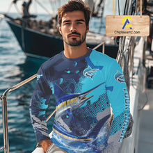 Load image into Gallery viewer, Marlin Fishing Blue Camo Custom Name Long Sleeve, Long Sleeve Hooded Fishing Shirt NHT453