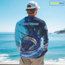 Load image into Gallery viewer, Marlin Fishing Blue Camo Custom Name Long Sleeve, Long Sleeve Hooded Fishing Shirt NHT453