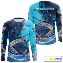 Load image into Gallery viewer, Marlin Fishing Blue Camo Custom Name Long Sleeve, Long Sleeve Hooded Fishing Shirt NHT453