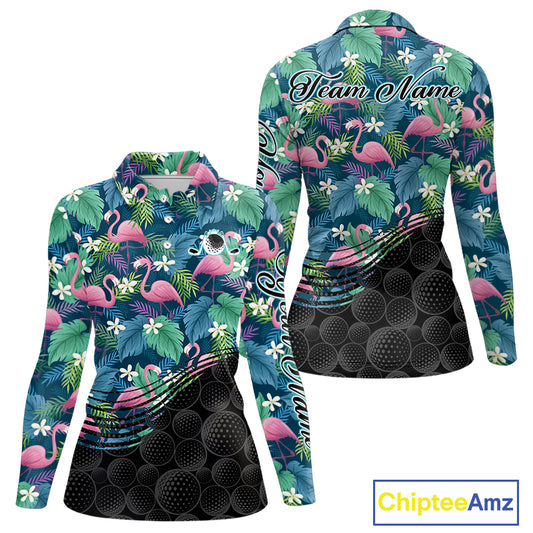 Flamingo Golf Ball Womens Polo Shirts, Colorful Tropical Flamingo Pattern, Tropical Golf Shirt NHT668