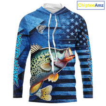 Load image into Gallery viewer, Crappie Hooded Fishing Shirts Long Sleeve With American Flag, Personalized Crappie Fishing Gift For Father Days NHT681