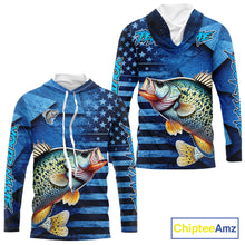 Load image into Gallery viewer, Crappie Hooded Fishing Shirts Long Sleeve With American Flag, Personalized Crappie Fishing Gift For Father Days NHT681