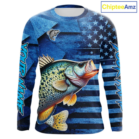Crappie Fishing Shirts Long Sleeve With American Flag, Personalized Crappie Fishing Gift For Father Days NHT681