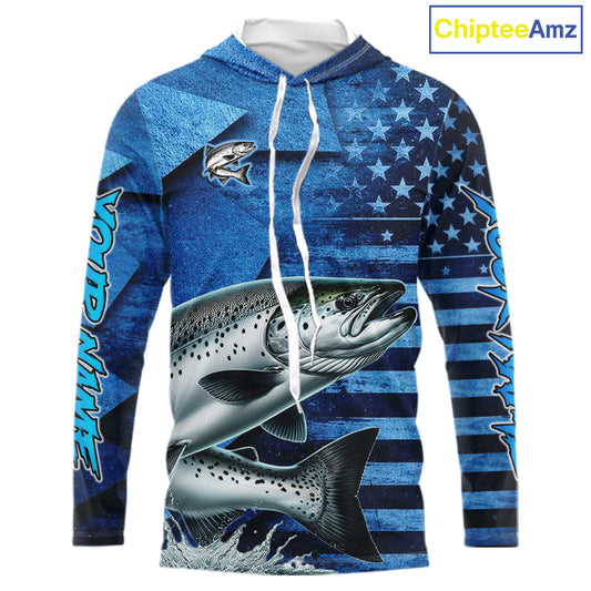 Chinook Salmon Hooded Fishing Shirts Long Sleeve With American Flag, Personalized Salmon Fishing Gift For Father Days NHT682