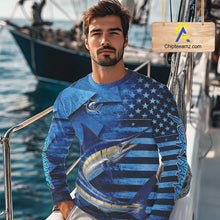 Load image into Gallery viewer, Marlin Fishing Shirts Long Sleeve With American Flag, Personalized Marlin Fishing Gift For Father Days NHT683