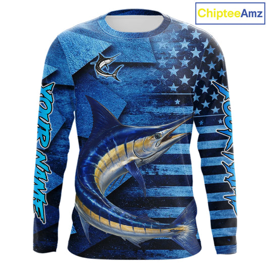 Marlin Fishing Shirts Long Sleeve With American Flag, Personalized Marlin Fishing Gift For Father Days NHT683