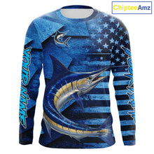 Load image into Gallery viewer, Marlin Fishing Shirts Long Sleeve With American Flag, Personalized Marlin Fishing Gift For Father Days NHT683