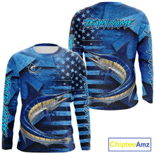 Load image into Gallery viewer, Marlin Fishing Shirts Long Sleeve With American Flag, Personalized Marlin Fishing Gift For Father Days NHT683