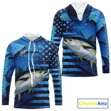 Load image into Gallery viewer, Tuna Hooded Fishing Shirts Long Sleeve With American Flag, Personalized Tuna Fishing Gift For Father Days NHT684