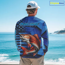 Load image into Gallery viewer, Redfish Fishing Shirts Long Sleeve With American Flag, Personalized Redfish Fishing Gift For Father Days NHT685