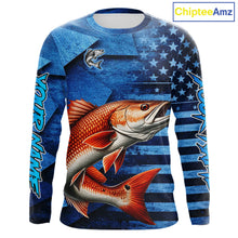 Load image into Gallery viewer, Redfish Fishing Shirts Long Sleeve With American Flag, Personalized Redfish Fishing Gift For Father Days NHT685