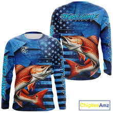 Load image into Gallery viewer, Redfish Fishing Shirts Long Sleeve With American Flag, Personalized Redfish Fishing Gift For Father Days NHT685
