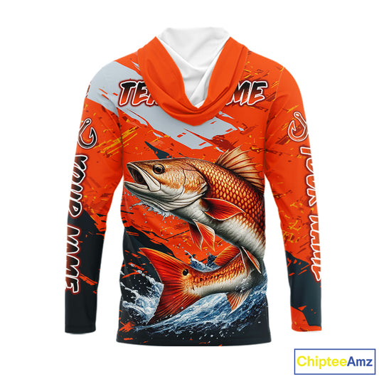 Custom Redfish Fishing Tournament Jerseys, Red Drum Orange Hooded Fishing Shirts Long Sleeve  NHT572