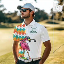 Load image into Gallery viewer, Funny Flamingo Mens Golf Polo Shirts Colorful Argyle Pattern Custom Name, Golf Gifts NBT562