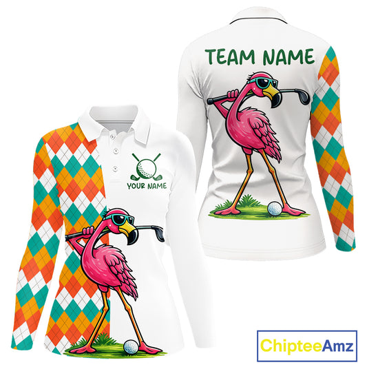 Funny Flamingo Womens Golf Polo Shirts Colorful Argyle Pattern Custom Name, Golf Gifts NBT562