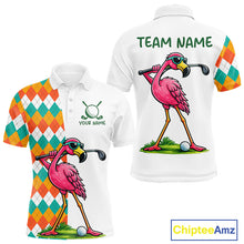 Load image into Gallery viewer, Funny Flamingo Mens Golf Polo Shirts Colorful Argyle Pattern Custom Name, Golf Gifts NBT562