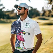 Load image into Gallery viewer, Funny Flamingo Mens Golf Polo Shirts Blue Tropical Flamingo Custom Name, Golf Gifts NBT563