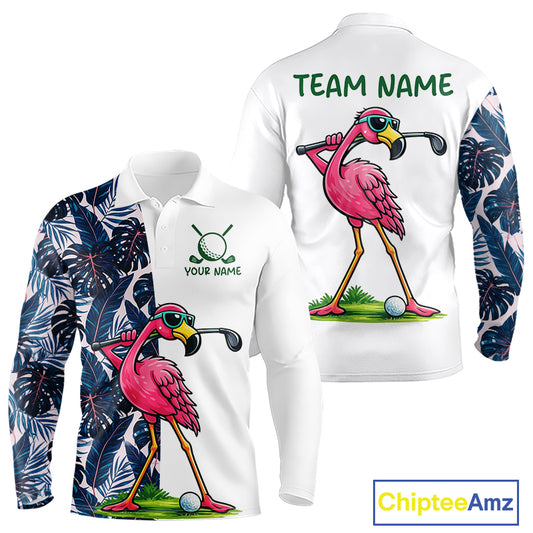 Funny Flamingo Mens Golf Polo Shirts Blue Tropical Flamingo Custom Name, Golf Gifts NBT563