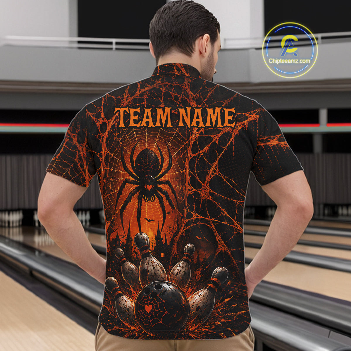 Orange And Black Spider Custom Halloween Bowling Team Shirts For Men, Bowling Gifts NBT961