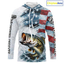 Load image into Gallery viewer, American Flag Custom Bass Long Sleeve Hooded Fishing Shirts, Patriotic Fishing Shirt NBT447