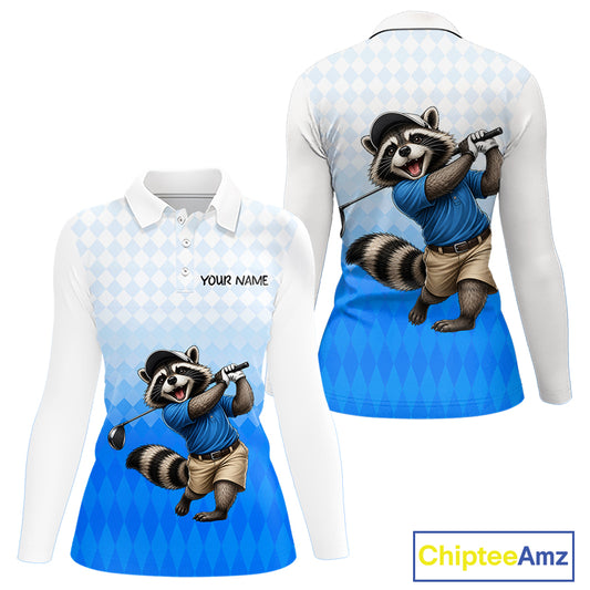 Funny Raccoon Golf Polo Shirt Personalized Name Custom Golf Shirt Golfer Gift For Womens NBT887