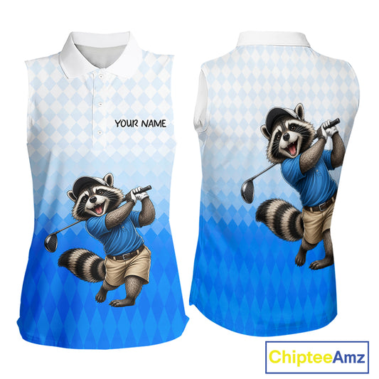 Funny Raccoon Sleeveless Golf Polo Shirt Personalized Name Custom Golf Shirt Golfer Gift For Womens NBT887