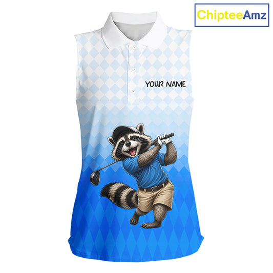 Funny Raccoon Sleeveless Golf Polo Shirt Personalized Name Custom Golf Shirt Golfer Gift For Womens NBT887