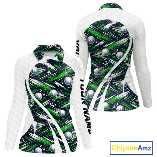 Womens Golf Polo Shirts Custom Black And Green Golf Ball Pattern Golf Attire For Ladies, Golfer Gifts NBT574