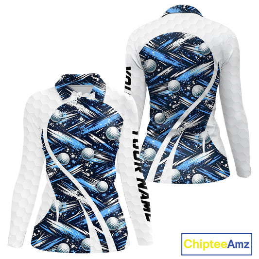 Womens Golf Polo Shirts Custom Black And Blue Golf Ball Pattern Golf Attire For Ladies, Golfer Gifts NBT575