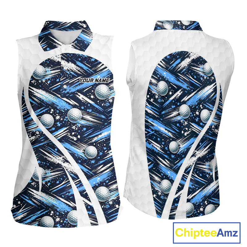 Womens Sleeveless Golf Polo Shirts Custom Black And Blue Golf Ball Pattern Golf Attire For Ladies, Golfer Gifts NBT575