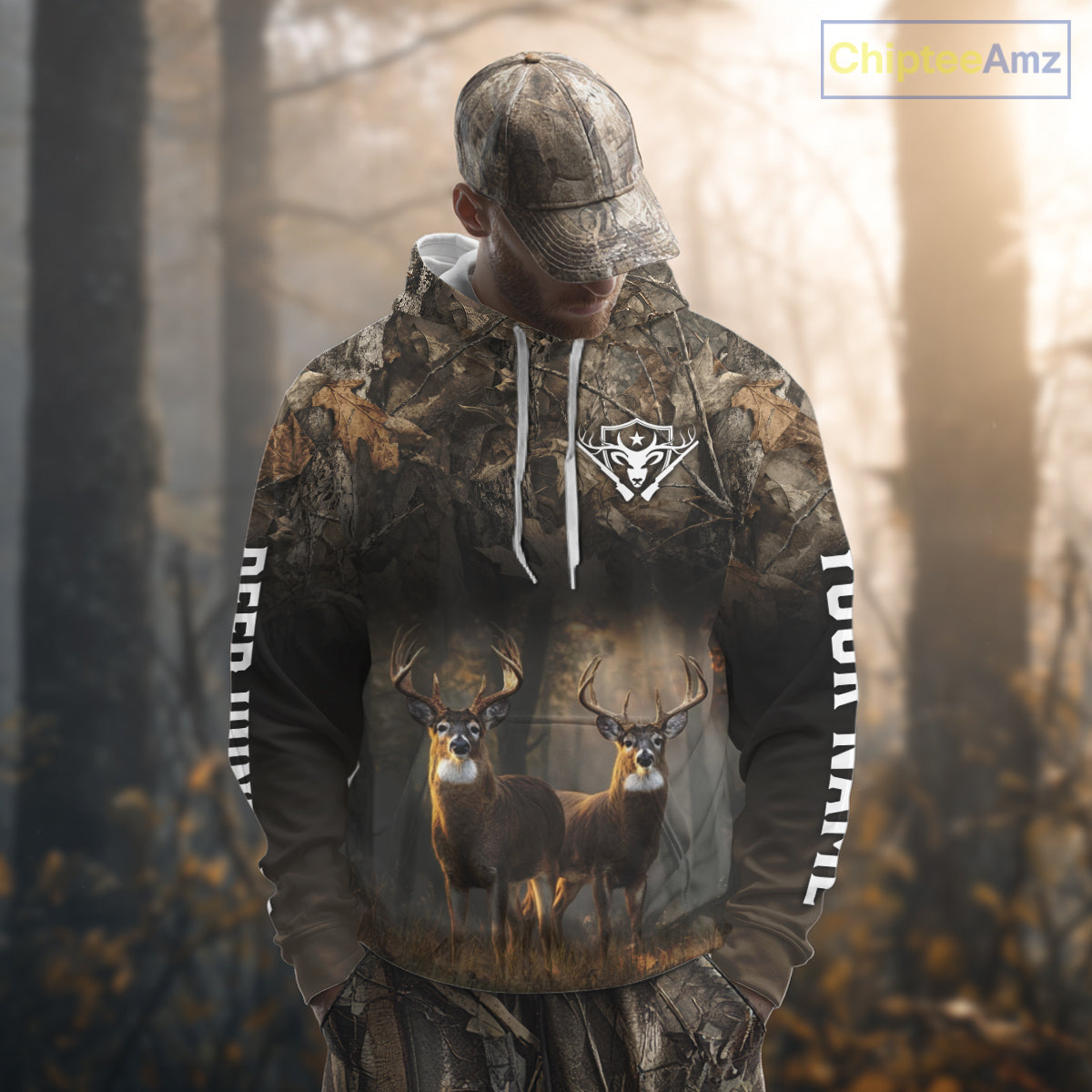 Personalized Forest Camo Deer Hunting Clothes Custom Name Whitetail Deer Design Hunting Hoodie NBT305