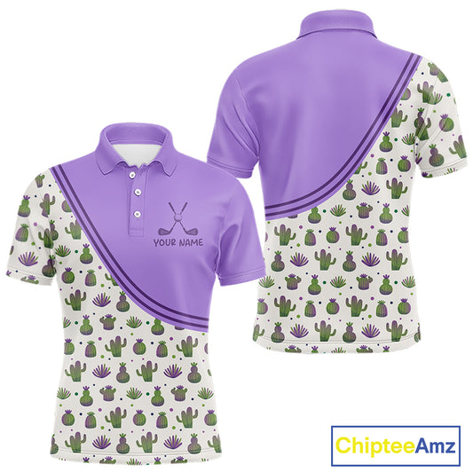 Personalized Funny Purple Cactus Pattern Mens Golf Polo Shirts Custom Cactus Golf Shirt, Golfer Gifts NBT707