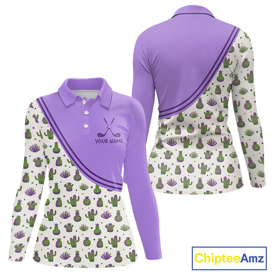 Personalized Funny Purple Cactus Pattern Womens Golf Polo Shirts Custom Cactus Golf Shirt, Golfer Gifts  NBT707