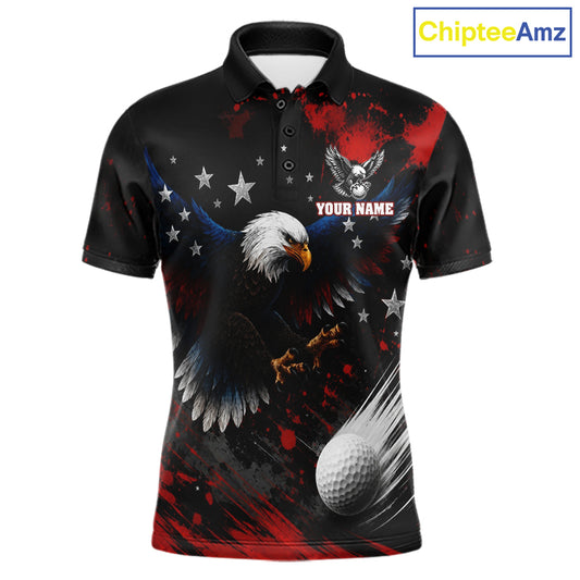 Front view of Red White Blue American flag eagle mens golf polo shirt with custom name on the chest