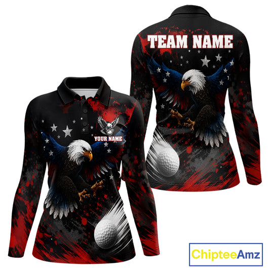 Red, White And Blue American Flag Eagle Womens Golf Polo Shirts Custom Patriotic Tournament Golf Team Shirts NBT809