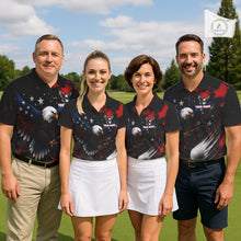 Load image into Gallery viewer, Four people wearing matching polo shirts with American flag eagle designs on a golf course.