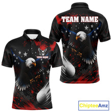 Load image into Gallery viewer, Front and back view of Red White Blue American flag eagle mens golf polo shirt with personalized name