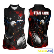 Load image into Gallery viewer, American Flag Eagle print detail on sleeveless women golf polo - patriotic close-up black button