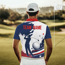 Load image into Gallery viewer, Man wearing a American flag patriotic graphic on mens white golf polo shirt with team name on the back.