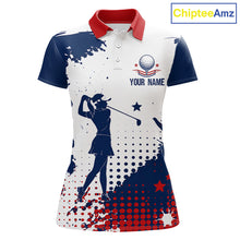 Load image into Gallery viewer, Front view of womens golf polo shirt American flag patriotic custom name white