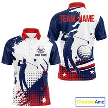 Load image into Gallery viewer, Front and back view of Mens golf polo shirt American flag patriotic custom name white with your name on the chest and team name on the back.