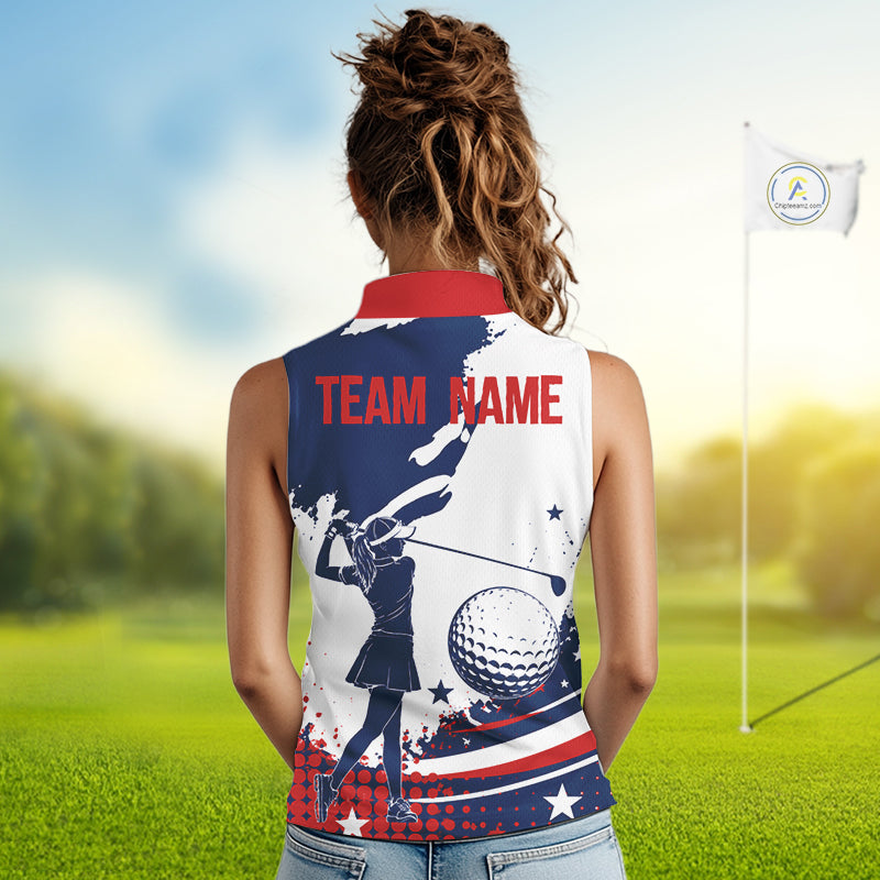 Womens Sleeveless Golf Polo Shirt American Flag Patriotic Custom Name White Tournament Golf Shirt, Golf Gift NBT812
