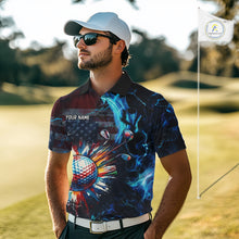 Load image into Gallery viewer, Man wearing a American Flag mens golf polo shirt custom name black patriotic golf shirt on a golf course