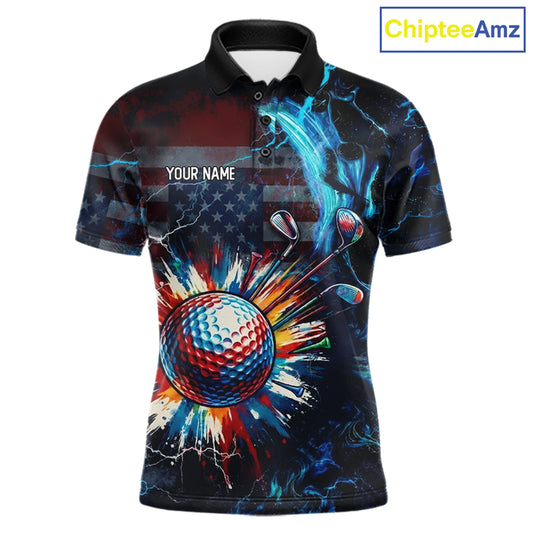 Front view of American Flag mens golf polo shirt custom name black golf shirt with custom name on the chest