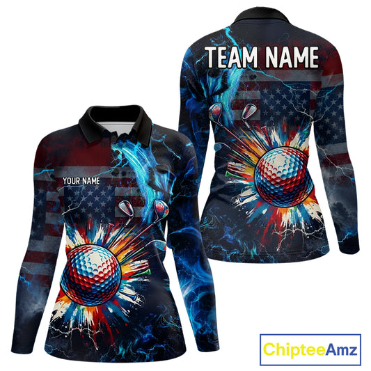 Front and back view of American Flag womens long sleeve golf polo shirt custom name black