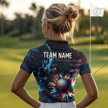 Load image into Gallery viewer, Woman wearing a American Flag womens golf polo shirt with custom name on the back