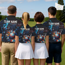 Load image into Gallery viewer, Four people wearing American flag graphic on black golf polo shirts with custom team name on a golf course.
